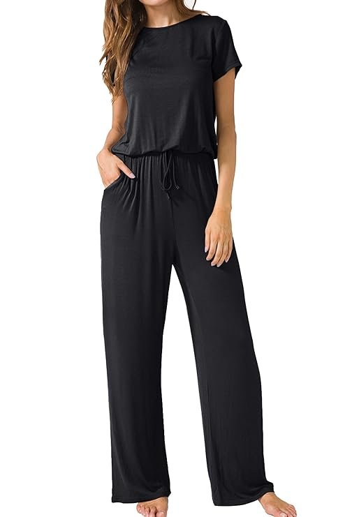 LAINAB Womens Soft Summer Jumpsuits Short Sleeve Casual Wide Legs Rompers
