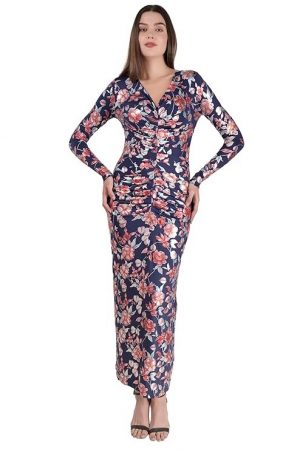 Didoria Luxe Fashion Floral Printed V Neck Full Sleeves Ruched Pleated Maxi Bodycon Party Cocktail Ethnic Indowestern Western Women Dress