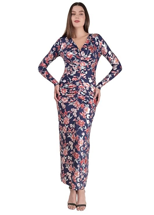 Didoria Luxe Fashion Floral Printed V Neck Full Sleeves Ruched Pleated Maxi Bodycon Party Cocktail Ethnic Indowestern Western Women Dress