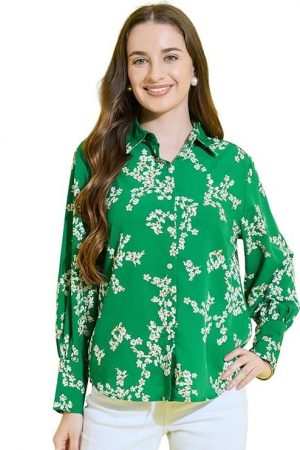 Floral Printed Green Collared Neck Long Sleeve Crepe Regular Fit Women's Casual Shirt || Flower Printed Spread Collar Long Cuffed Sleeve Button Down Regular Length Shirt For Women Stylish Western