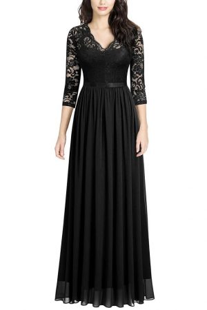 MISSMAY Women's Vintage Floral Lace V Neck Evening Bridesmaid Formal Long Dress