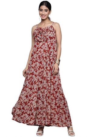 Varanga Women Red Abstract Printed,Spaghetti Strap Cowl Neck A-Line Floor Length Dress, Flared Hem