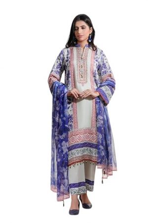 THE COTTON LAWN SHOP Women's 3 Piece Cotton Floral Stylish Printed Unstitched Salwar Suit Dupatta With Embroidered lace Dress Material (White)