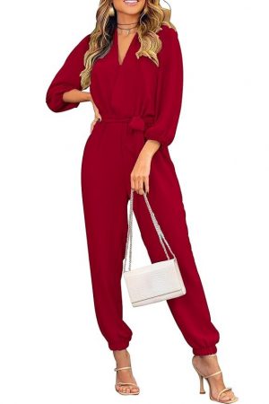 PRETTYGARDEN Women's 2023 Autumn Jumpsuits, Casual Dressy, One-Piece Outfits, V-Neck, Long Sleeve, Belt Pockets, Long Trousers, Rompers, Getaway Solids, XXL