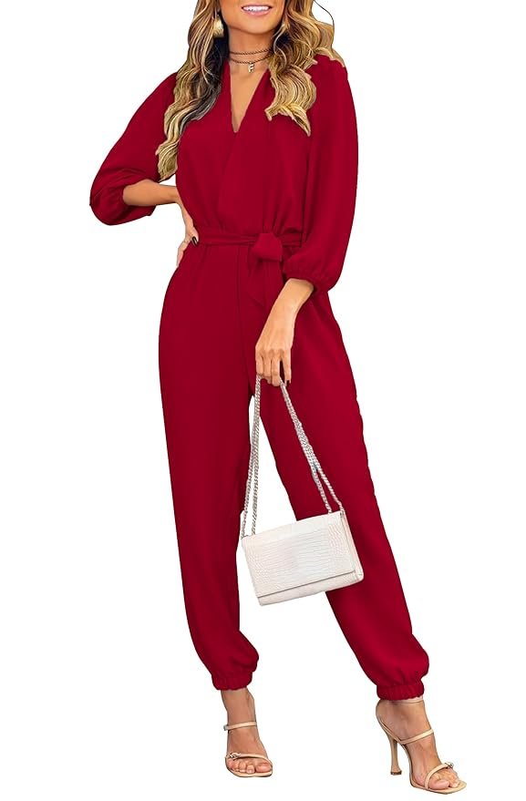 PRETTYGARDEN Women's 2023 Autumn Jumpsuits, Casual Dressy, One-Piece Outfits, V-Neck, Long Sleeve, Belt Pockets, Long Trousers, Rompers, Getaway Solids, XXL