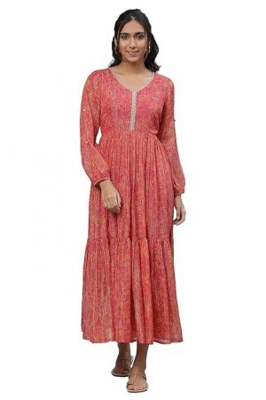 Aurelia Women's Cherries Jubilee Floral Printed Poly Georgette Lurex Flared Ankle Length Dress