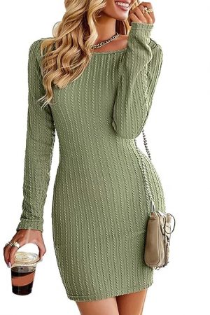 JUMZ Bodycon Dress, Skin Friendly Casual Round Neck Pleated Open Back Knitted Dress to Party Meeting L Green
