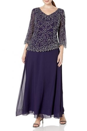 J Kara Plus Size Womens V-Neck with 3/4 Sleeve Long Dress