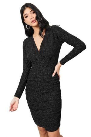 Styli Women’s Wrap Sheath Dress | Knee-Length Polyester Party Dress with Long Sleeves & Ruched Side Detail