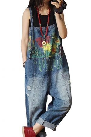 Women Casual Loose Denim Jumpsuits Rompers Boyfriend Plus Size Baggy Jeans Overalls Hand Printed Distressed Poled/Pockets P60