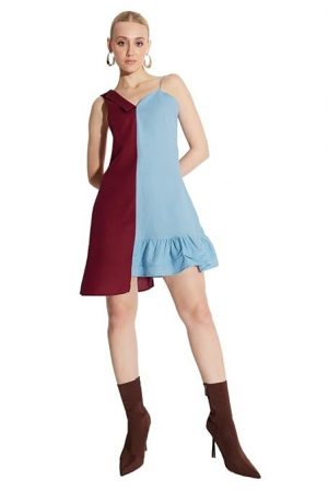 Mismatchd Regular Solid V Neck, Sleevless Linen Cotton Dress for Womens