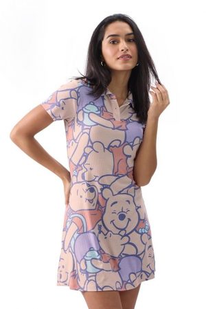 The Souled Store Official Winnie The Pooh: Faces Women and Girls Short Sleeves Collared Neck All Over Printed Polyester Blend Mini Dresses