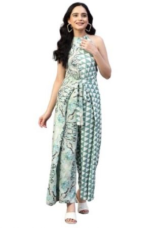 Hencemade Printed Sea Green Tie Around Backless Jumpsuit