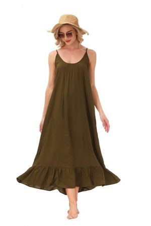 BUENOS NINOS Women's V Neck Floral Maxi Dress Boho Printed Adjustable Spaghetti Strap Ethnic Beach Long Dress with Pockets S Army Green Dress