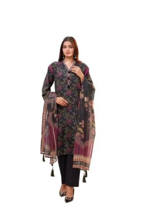 THE COTTON LAWN SHOP Women's 3 Piece Floral Printed Cotton Salwar Suit Dupatta With Embroidered Sleeves Patch lace Dress Material - Black