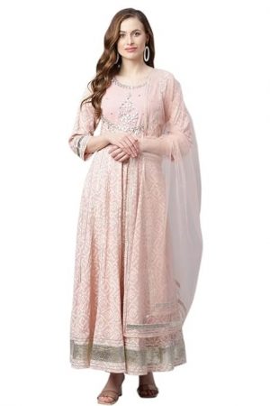 Divena Light Pink Cotton Anarkali Gown Pant set with Net Dupatta