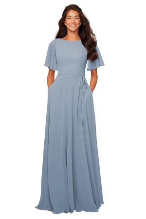 petyoo Flutter Sleeve Bridesmaid Dresses for Wedding Women 2024 Chiffon Prom Formal Dress with Pockets Sash
