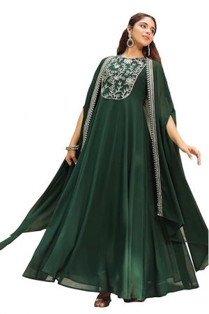 Janasya Women's Dark Green Georgette Embroidered Anarkali Dress with Cape