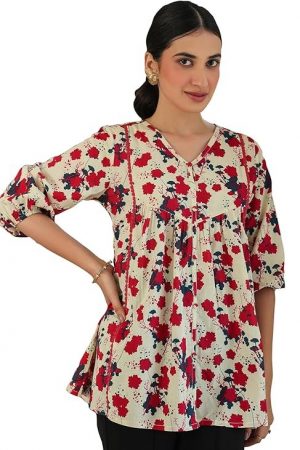 Janasya Women's Cream Pure Cotton Floral Printed A-line Top