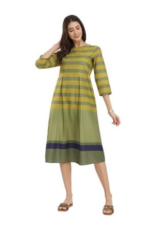 Pink Fort Cotton Striped A-Line Dress - Green