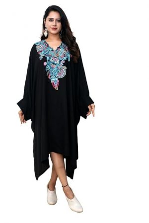 SUN-ROSE FASHIONS Boutique Collection Women's Black Long Sleeves Kaftan Dress with Rich Embroidery