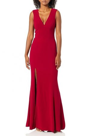 Dress the Population Women's Sandra Plunging Thick Strap Solid Gown With Slit Dress, Garnet, S