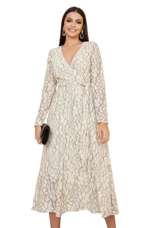 Styli A -Line Midi Dress – Casual Wear with Lace Insert, Self- Tie Belt, and Woven Design. Stylish and Comfortable Everyday Chic Look Dress for Women