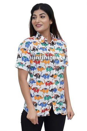 iinfinize Cotton Regular Fit Casual Shirt for Women Spread Collar Latest Western Shirt Short Sleeve Elephant Printed Shirt