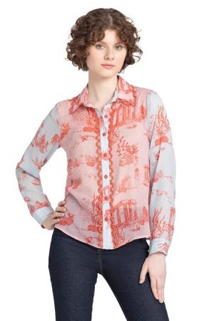 SHAYE Spread Collar Red Printed Long Sleeves Casual Shirt for Women Shirt
