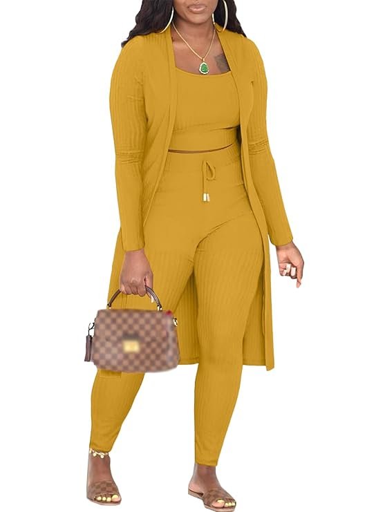 EQQZD Women 3 Piece Lounge Sets Cozy Loungewear Long Sleeve Cardigan Crop Tank Top Pants Outfit