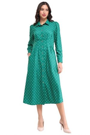 FableStreet Women's Button Down Shirt Dress - Green and Ecru
