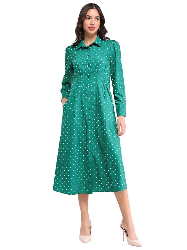 FableStreet Women's Button Down Shirt Dress - Green and Ecru