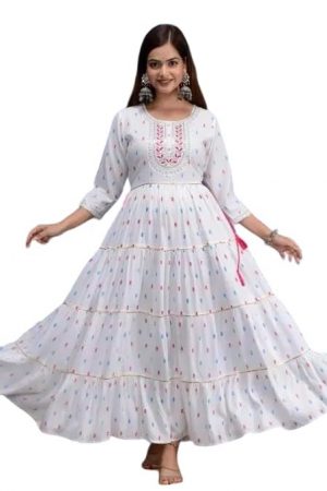 M32-PRESENTING Our New Launching in Beautiful Long Gown Rayon Fabric Print Embroidery Work gota Work Anarkali Gown for Women and Girls White