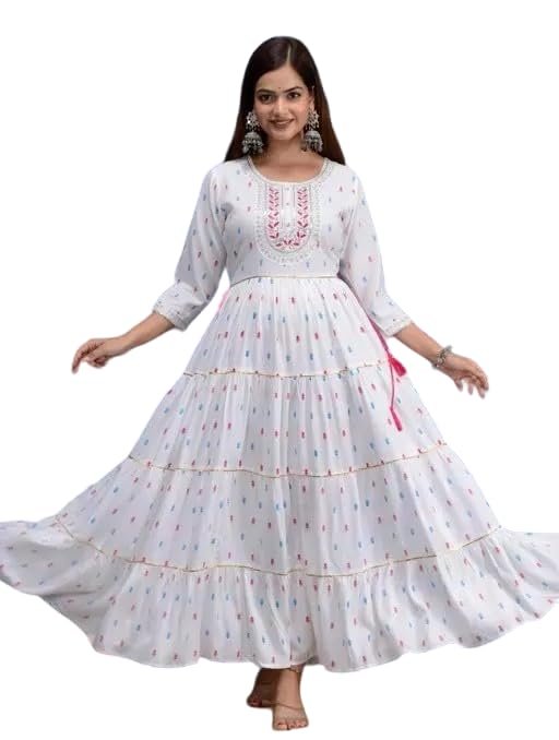 M32-PRESENTING Our New Launching in Beautiful Long Gown Rayon Fabric Print Embroidery Work gota Work Anarkali Gown for Women and Girls White