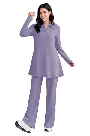 TADKEE Women's Solid Color Two-Piece Set | Long Sleeve Top & Wide Leg Pants Co-ord Set | Casual Wear Co ord Set