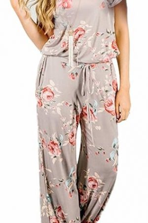 RichCoco Women's Floral Printed Jumpsuit Casual O Neck Loose Long Wide Legs Pants Jumpsuit Rompers with Pockets