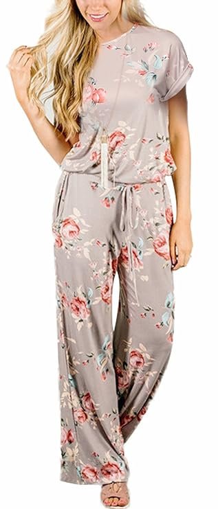 RichCoco Women's Floral Printed Jumpsuit Casual O Neck Loose Long Wide Legs Pants Jumpsuit Rompers with Pockets