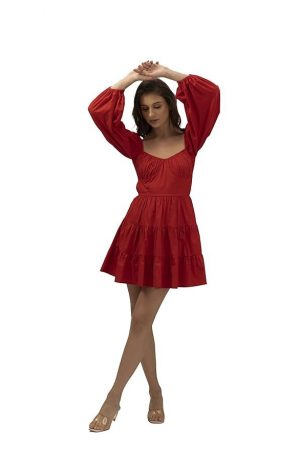 MYCLO Rose - Long Sleeve Mini Dress - Sweetheart Neckline, Long Balloon Sleeves Mini Dress for Women - Cotton - Perfect for Casual Wear