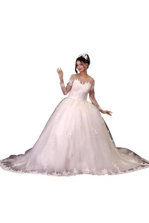 GOWNLINK White Full Stitched with Layers Christian Wedding Catholic Wedding White Train Gown Wedding Dress in White Frock Women with Sleeves HS621