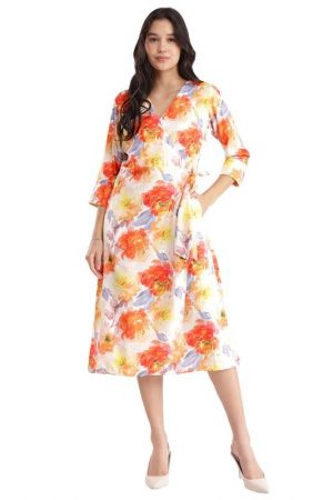 FableStreet Wrap Dress - Orange and Yellow