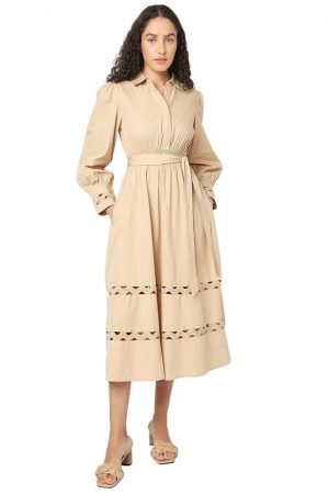 VERO MODA Women's Cotton Fit and Flare Midi Dress