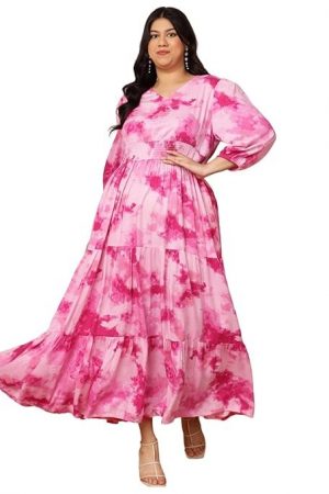 DEEBACO Tie & Dye Rayon Plus Size Tiered Maxi Dress for Women's|V-Neck 3/4 Straight Sleeves|Fit & Flare Maxi Length Summer Western Party Casual Wear Dress for Ladies