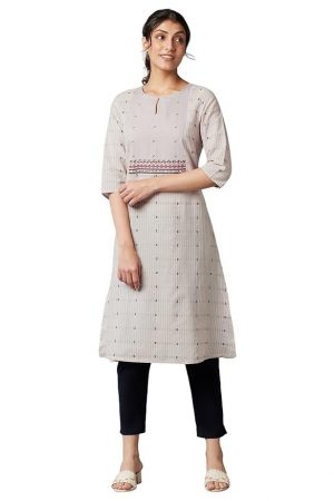 W for Woman Cotton Dobby Kurta with Embroidered Yoke for Women