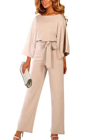 AIIYYQB Womens Summer Casual Short Sleeve Pants Suit Beach Vacation Romper Belted Dressy Wedding Guest Jumpsuit Jumper