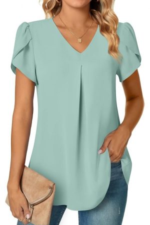 Anyally Women's Summer Dressy Chiffon Blouses V Neck Short Sleeve Tunic Tops for Leggings Casual T-Shirts, Petal Sleeve/Green Bamboo, X-Large