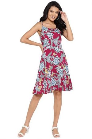 DEEBACO Women's Fit & Flare Knee Length Midi Western Dress for Women Strap Shoulder Sleeveless Beautiful Printed Girls A-Line One Piece Summer Dresses