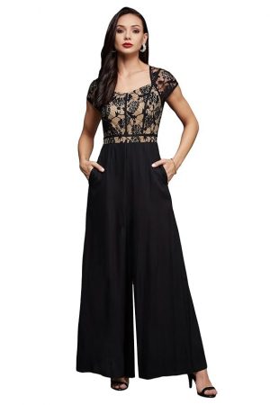 Miss Chase Women's Sweetheart Neck Raglan Sleeve Floral Lace Overlaid Viscose-Rayon Regular Length Jumpsuit