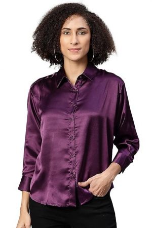 IVES Women's Setin 3/4 Sleeve Collared | A-Line Solid Regular Fit Shirt Top (Purple)