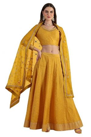 W for Woman Yellow Metallic Embroidery Crop Top & Skirt with Dupatta Set