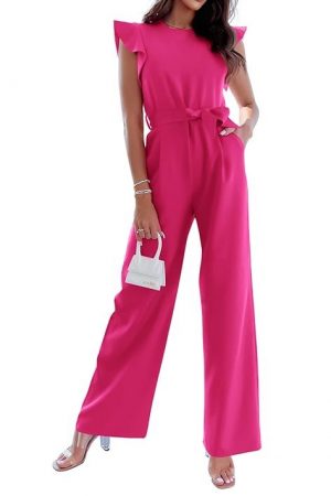 BTFBM Women Jumpsuits Crew Neck Ruffle Cap Sleeve Belted High Waist Wide Leg Romper with Pockets One Piece Casual Outfits, Solid Rose Red, Small